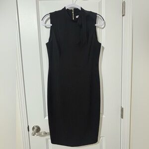 Calvin Klein Black Sleeveless Midi Sheath with Neck Tie Accent